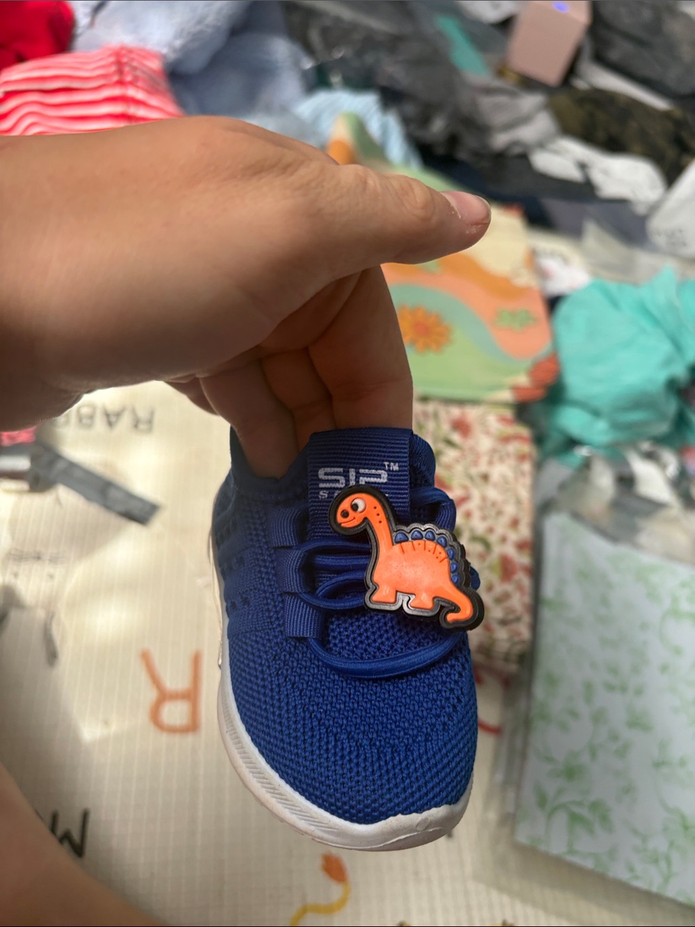 Kids Blue Slip-On Sneakers with Fun Orange Dinosaur Charm